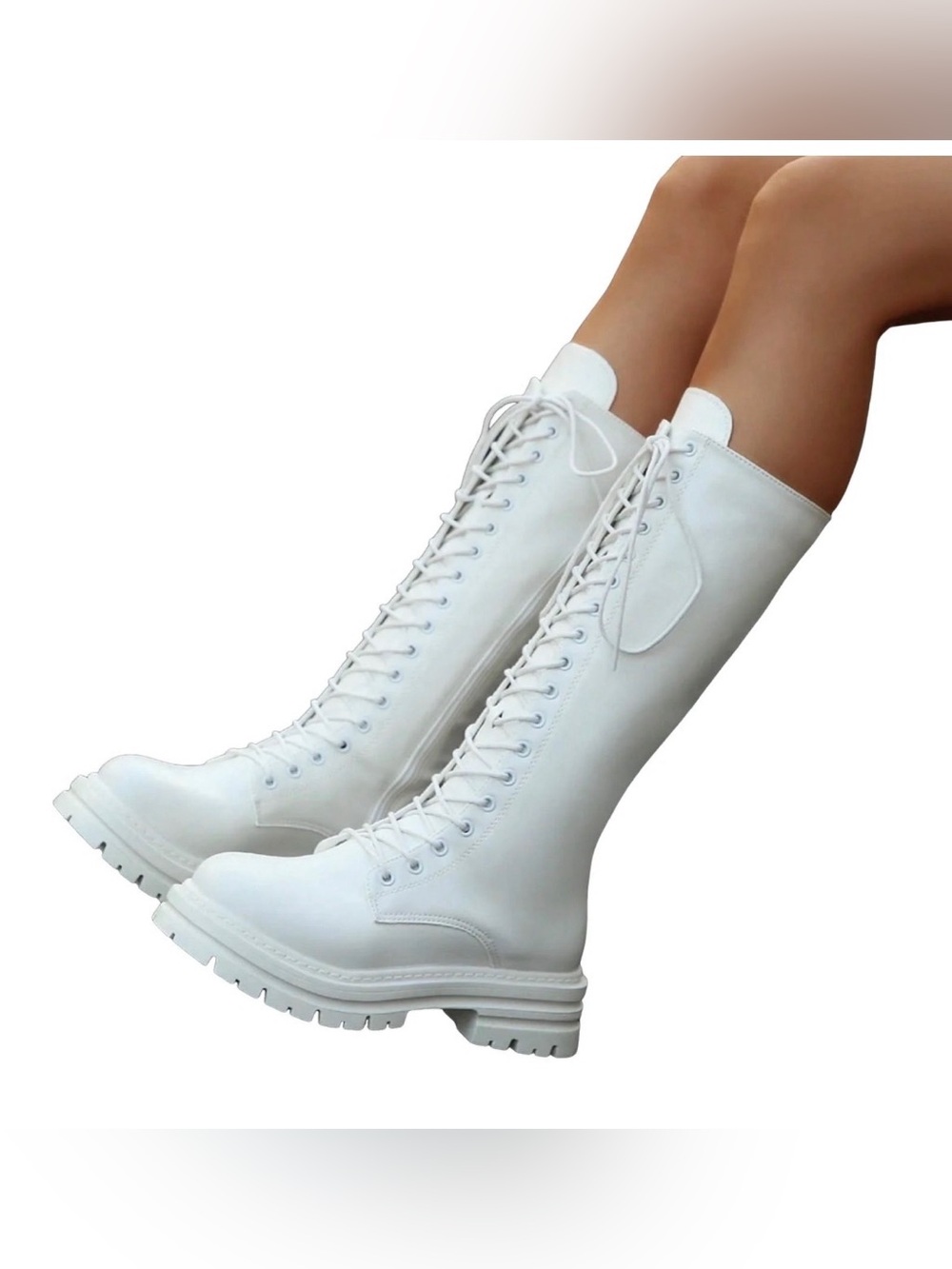 White Lace-Up Knee High Combat Boots